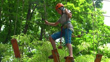 touw park. een jongen tiener in een helm wandelingen Aan geschorst touw ladders. karabijnhaken en veiligheid riemen. veiligheid. zomer werkzaamheid. sport. kinderen speelplaats in natuur in de Woud video