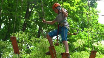 cuerda parque. un chico adolescente en un casco camina en suspendido cuerda escaleras. mosquetones y la seguridad correas seguridad. verano actividad. deporte. para niños patio de recreo en naturaleza en el bosque video