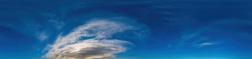 Blue sky with Cirrus clouds Seamless panorama in spherical equirectangular format. Complete zenith for use in 3D graphics, game and for composites in aerial drone 360 degree panoramas as a sky dome photo