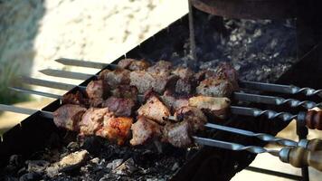 barbecue gegrild varkensvlees kebab vlees lam kebab gemarineerd barbecue vlees sjasliek shish kebab buitenshuis picknick. sjasliek of shish kebab populair in oostelijk Europa en Rusland. video