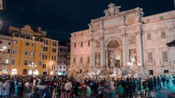 rom, Italien. häpnadsväckande utsmyckad trevi fontän, byggd i, upplyst på natt i de hjärta av roma. video