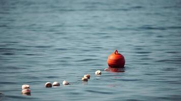 naranja la seguridad boyas en un cuerda flotante en el mar en un soleado día, cerca arriba. Esgrima de el nadando zona en el playa. video