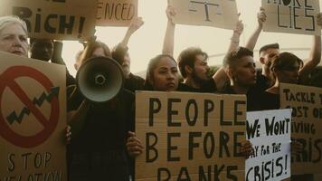 demonstratie van multiraciaal activisten protesteren tegen financieel crisis en globaal inflatie - economisch gerechtigheid activisme concept video