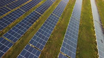 antenne top visie van een zonne- panelen macht fabriek. fotovoltaïsche zonne- panelen Bij zonsopkomst en zonsondergang in platteland van bovenstaande. modern technologie, klimaat zorg, aarde besparing, hernieuwbaar energie concept. video