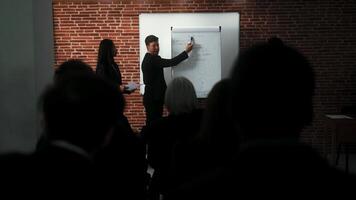 a man in a suit is giving a presentation to a group of people video