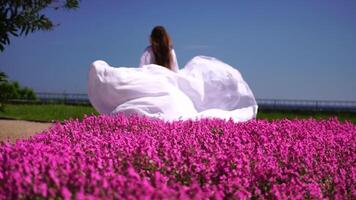 gelukkig vrouw rennen in de park tussen weelderig roze bloemen, slow-motion. meisje in wit vliegend jurk met lang haar- in de tuin. slank dames- buitenshuis lente vreugde video