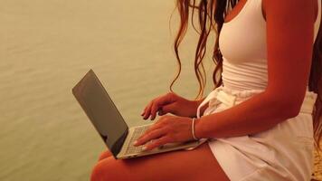 Woman laptop sea. Working remotely on seashore. Happy successful woman female freelancer in straw hat working on laptop by the sea at sunset. Freelance, remote work on vacation video