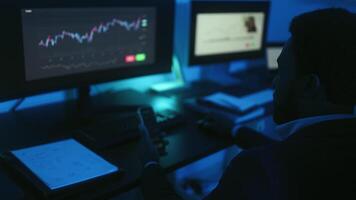 a man sitting at a desk with three monitors video