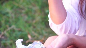 A happy young woman enjoys marzipan chocolate bar in nature at sunset, outdoor snack in the evening, admiring the summer sunset. video