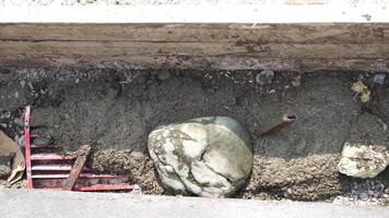 Construction, Worker Hands smooth wet cement in wooden frame at a construction site during daytime to ensure an even surface video