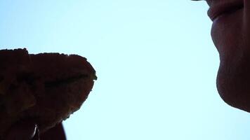 Silhouette of a man enjoying eating of a hamburger. Side view portrait of a person savoring a delicious, satisfying burger with great appetite. Fast food indulgence. video