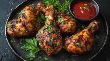 AI generated Grilled Chicken on a Plate With Side of Ketchup photo