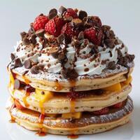 AI generated Stack of Pancakes Topped With Fruit and Chocolate photo