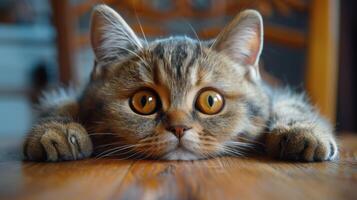 AI generated Gray Cat With Orange Eyes Laying on Floor photo