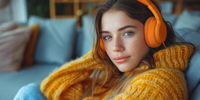 AI generated Woman Wearing Headphones Sitting on a Couch photo