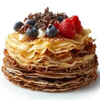 AI generated Stack of Pancakes Topped With Fruit and Chocolate photo