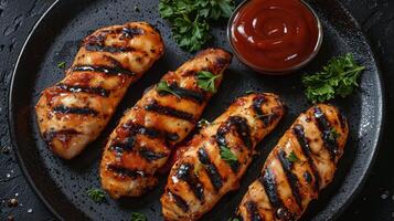 AI generated Grilled Chicken on a Plate With Side of Ketchup photo