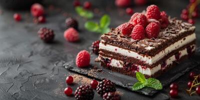 AI generated Decadent Chocolate Cake Slice With Raspberries photo