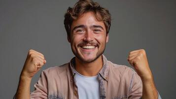 ai generado sonriente hombre en amarillo chaqueta levantamiento puños foto