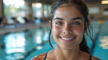 AI generated Woman Standing in Front of Swimming Pool photo