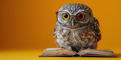 AI generated Owl Wearing Glasses Sitting on Top of a Book photo