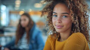 AI generated Beautiful Young Woman With Curly Hair Looking at Camera photo