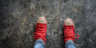 AI generated Persons Feet in Red Sneakers on Black Surface photo