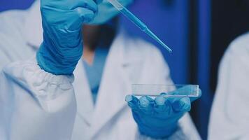 Young scientists conducting research investigations in a medical laboratory, a researcher in the foreground is using a microscope video