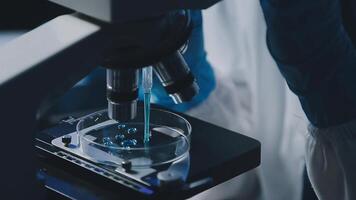 Young scientists conducting research investigations in a medical laboratory, a researcher in the foreground is using a microscope video