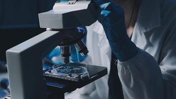 Young scientists conducting research investigations in a medical laboratory, a researcher in the foreground is using a microscope video