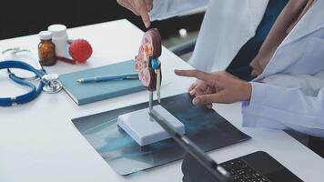 medizinisch, Treffen und Laptop zum Mannschaft im Büro im Diskussion, Brainstorming und Planung. Arzt, Krankenschwester und Computer auf Schreibtisch Show Vielfalt im Zusammenarbeit, Zusammenarbeit oder Werkstatt zum Daten Analytik video