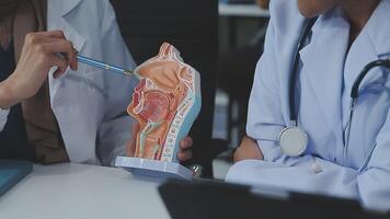 Group of doctors with laptop computer and clipboard with documents meeting and discussing at medical office. Nurse presenting symptoms of disease, colleagues taking notes during brainstorming. video