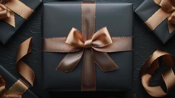 AI generated Blue Gift Box With Gold Bow photo