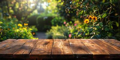 AI generated Empty Wooden Table in Front of Garden photo