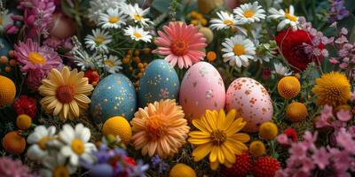 AI generated Flowers and Eggs Scattered in Field photo