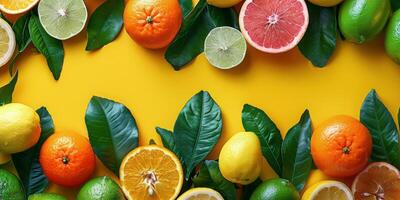 AI generated Assorted Lemons, Limes, and Oranges on Yellow Background photo
