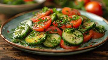 AI generated Plate of Sliced Cucumbers and Tomatoes photo