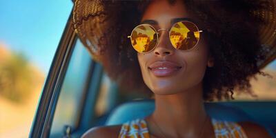 ai generado mujer en coche vistiendo redondo Gafas de sol foto