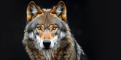 ai generado cerca arriba de un lobo en negro antecedentes foto