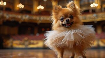 ai generado pequeño perro vestido en blanco tutu foto