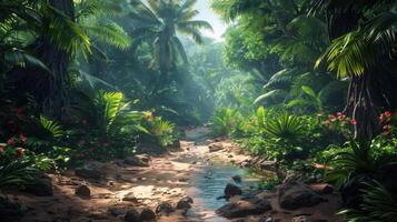 AI generated Stream Flowing Through Lush Green Forest photo