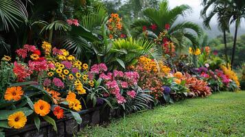 ai generado vistoso flor jardín en lleno floración foto