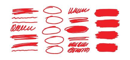 Sketch red brush strokes, underline, emphasis, lines, waves set. vector