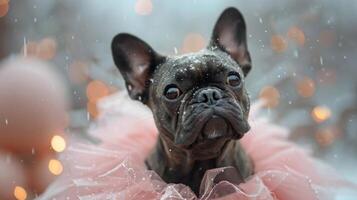 ai generado pequeño perro vistiendo rosado vestir en el lluvia foto