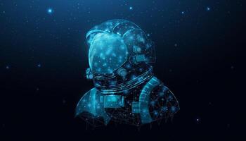 Wireframe astronaut in space galaxy close up. Futuristic polygonal cosmonaut helmet, space tourism concept. Starry abstract background with glowing human. Vector illustration.