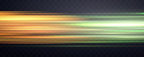 Speed rays, velocity light neon flow, zoom in motion effect, green glow speed lines, colorful light trails, stripes. Abstract background, vector illustration.