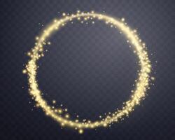 Gold magic glowing ring with glowing particles. Neon realistic energy flare halo ring. Abstract light effect on a dark background. Vector illustration.