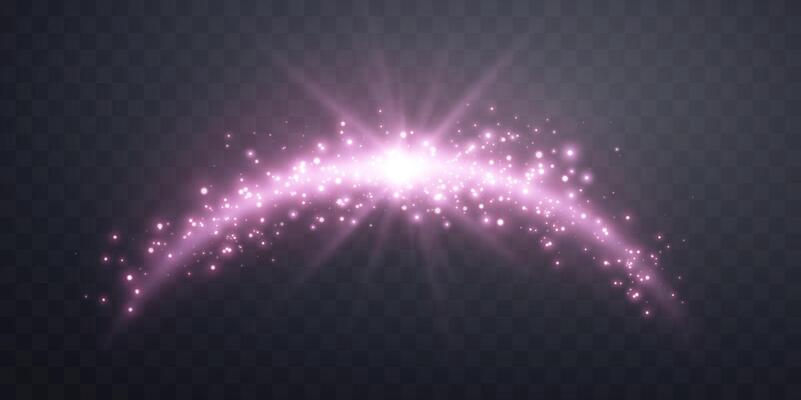 Pink magic arch with glowing particles, sunlight lens flare. Neon realistic energy flare arch. Abstract light effect on a black background. Vector illustration.
