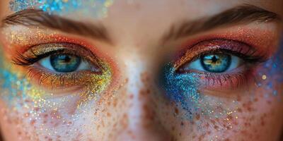 ai generado cerca arriba de personas ojo con brillante de colores maquillaje foto