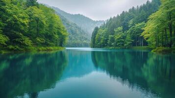 AI generated Large Lake Surrounded by Trees in Forest photo